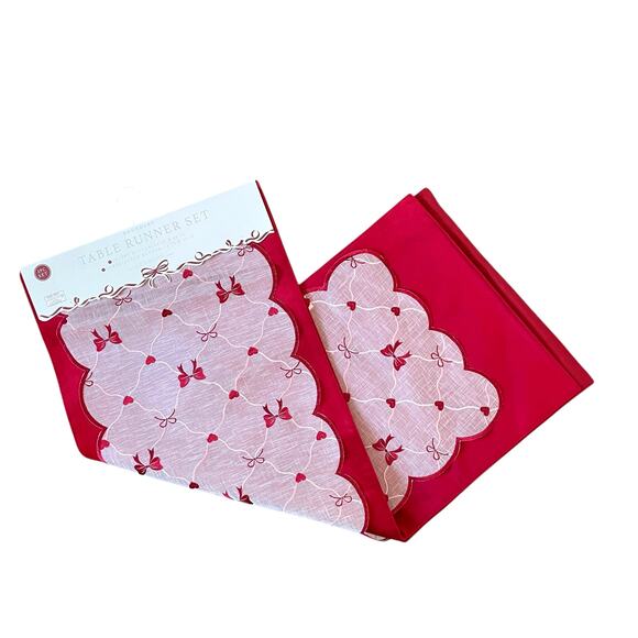 2pc Velvet Valentines Day Table Runner Bows Hearts Red & White by Envogue New - Picture 2 of 13